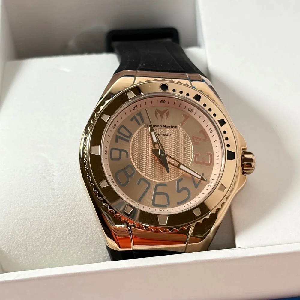 TechnoMarine Watch Lusso Mare Rose Gold TM-225049 GXP Black Silicone Watch New